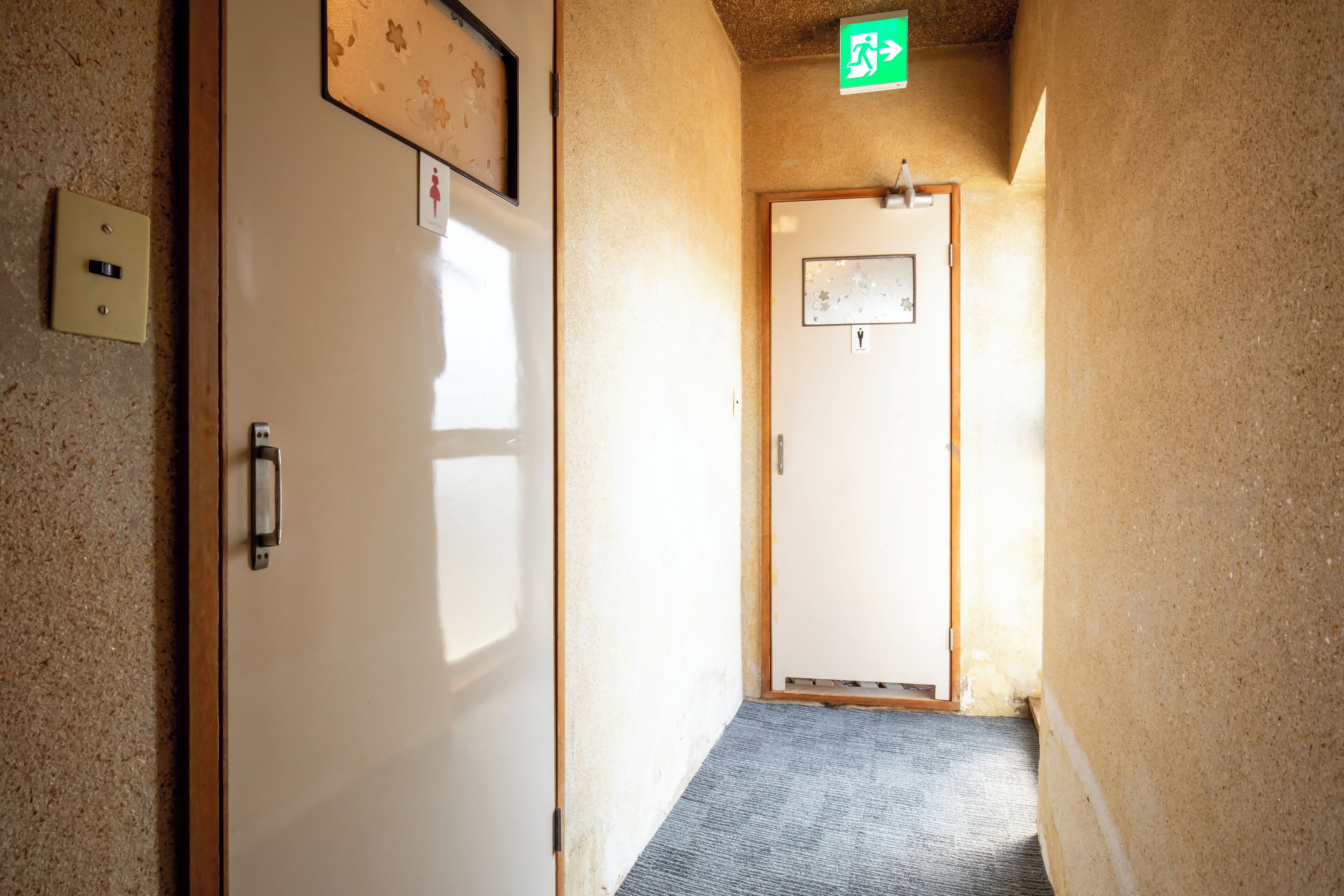 A narrow hallway with a carpeted floor, a door with a sign above it, and a light switch on the wall.