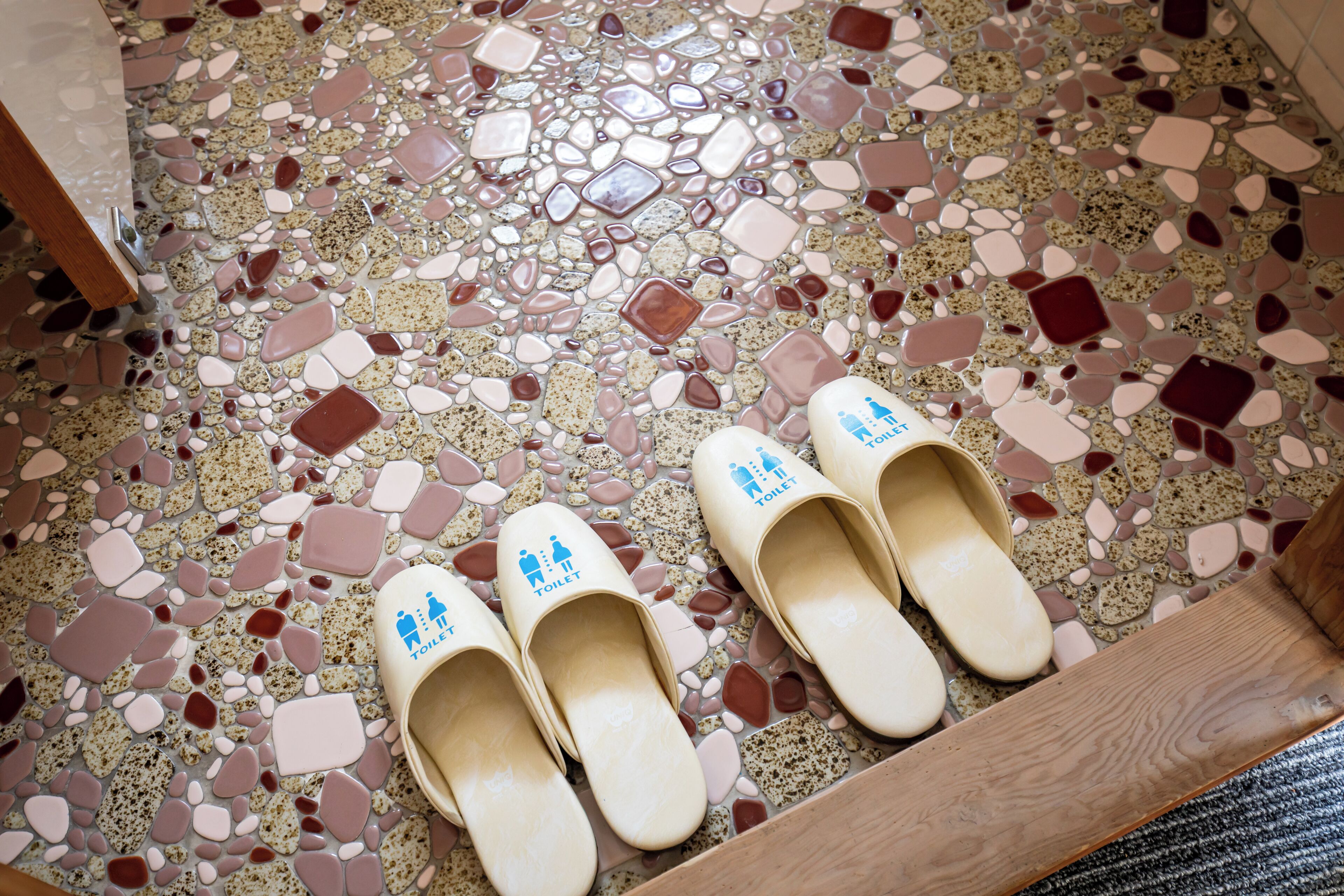 A mosaic-tiled floor with a pair of beige slippers with a toilet symbol.