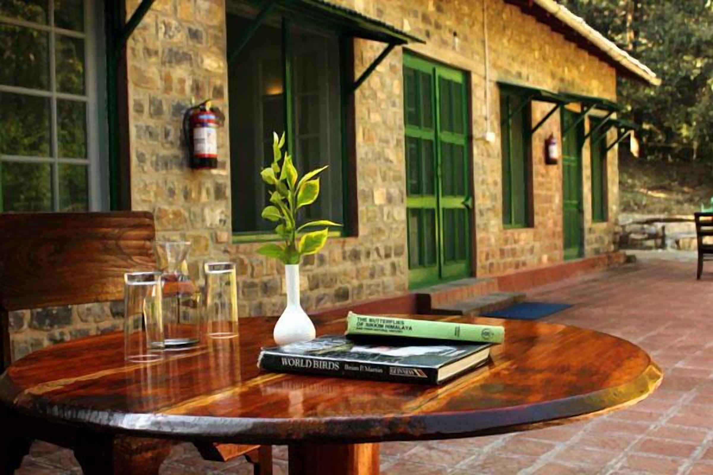 Una mesa de madera redonda con un florero de plantas verdes, dos libros y tres vasos.