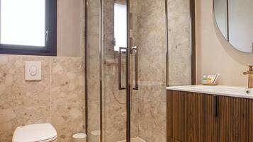 A modern bathroom with a glass-enclosed shower, a toilet, and a wooden vanity with a mirror.