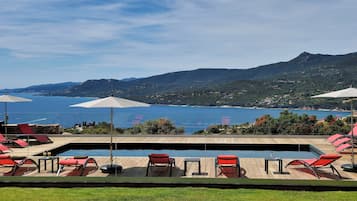 2 ulkouima-allasta, aurinkovarjoja, aurinkotuoleja