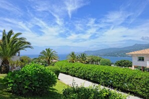 Un jardí exuberant amb un camí que condueix a un edifici amb vistes al mar i a les muntanyes.