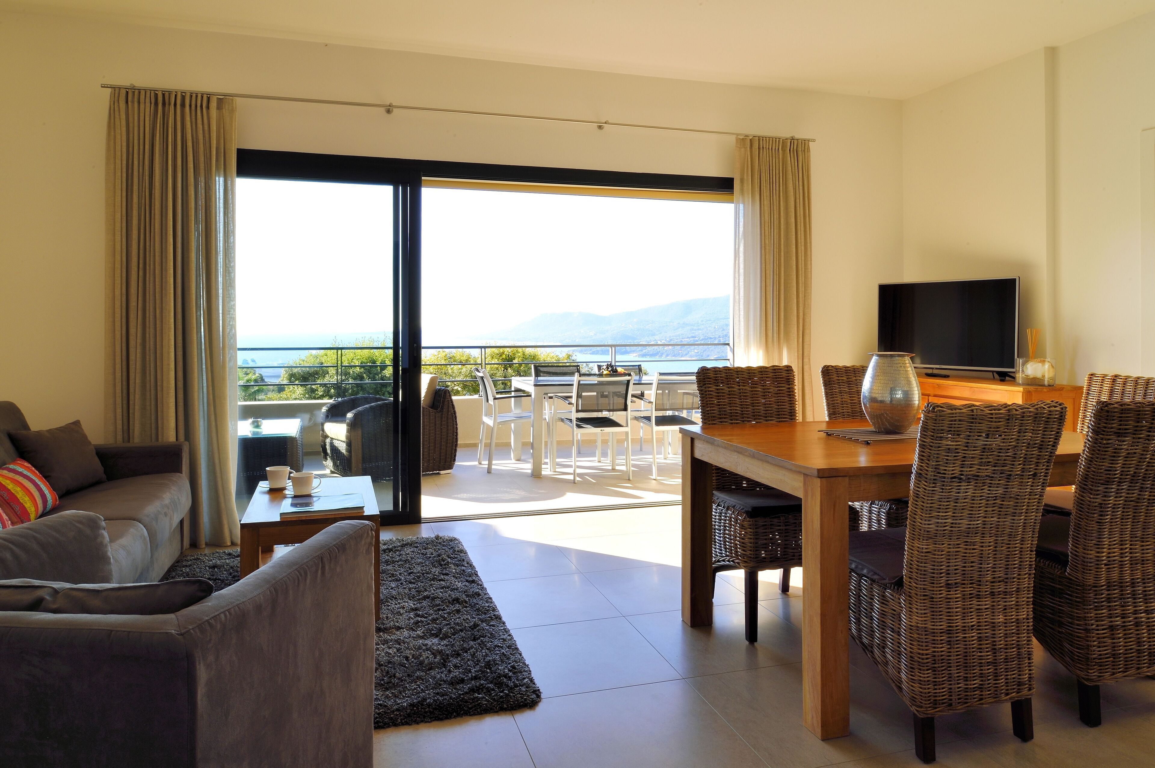 A living room with a sofa, a coffee table, a TV, and a dining area with chairs and a table.