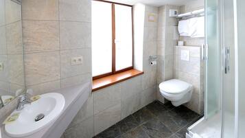 Un baño con lavamanos, inodoro y ducha.