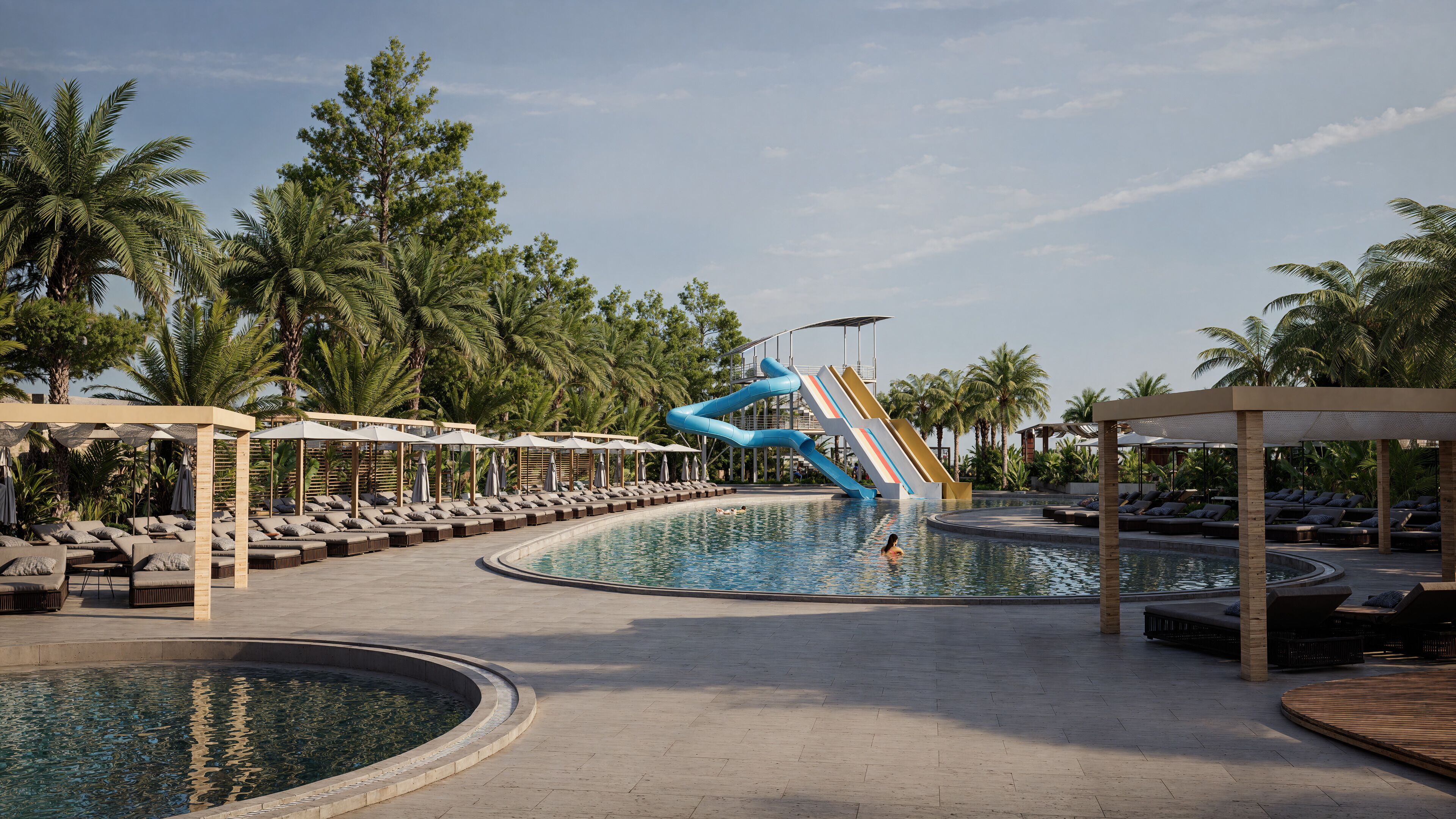 Indoor pool, outdoor pool, pool umbrellas, sun loungers