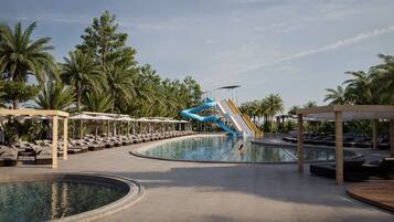 Indoor pool, outdoor pool, pool umbrellas, sun loungers