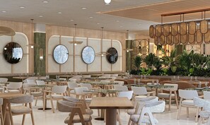 3 restauranter, frokost, lunsj og middag serveres, internasjonale retter