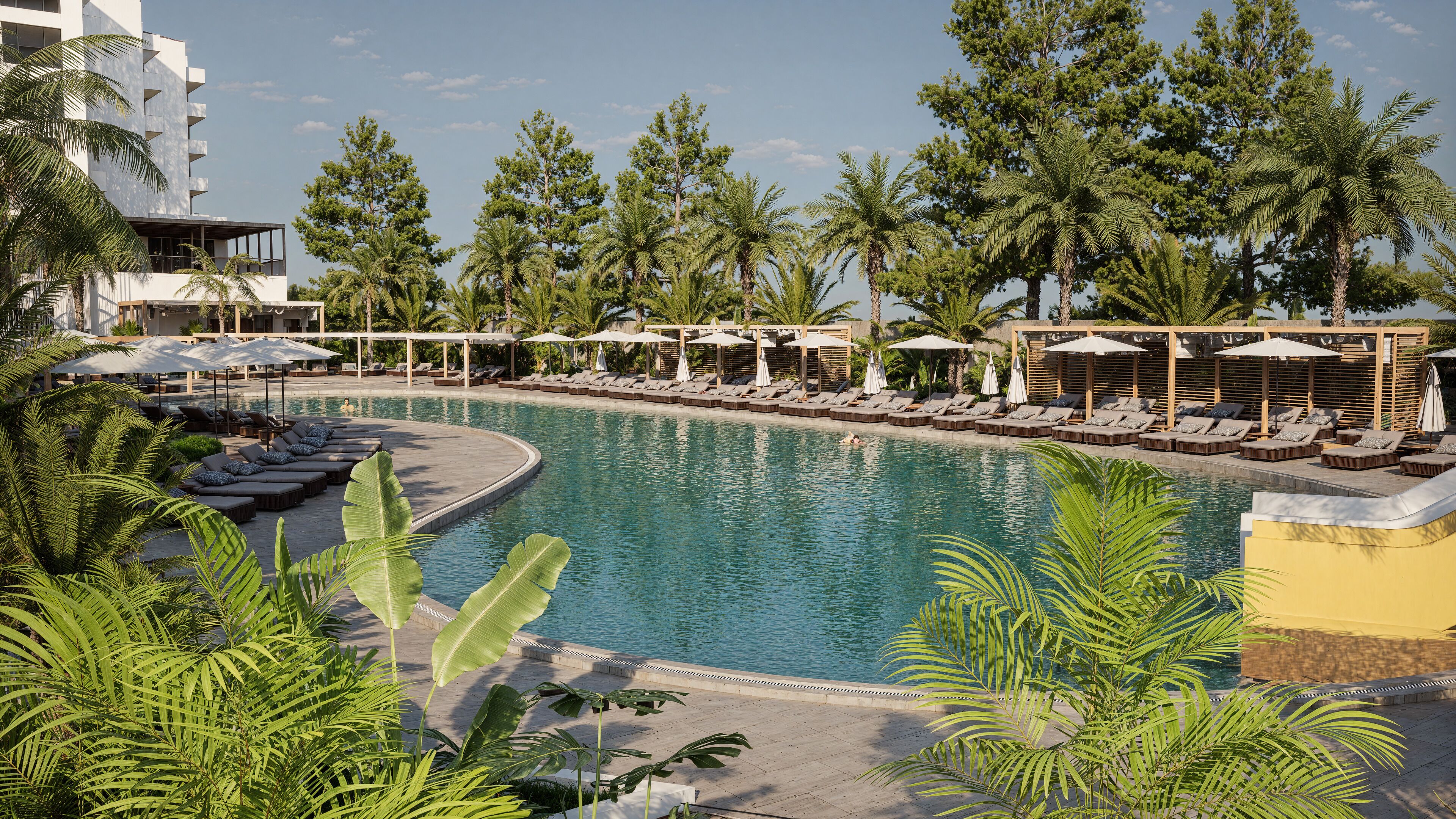 Indoor pool, outdoor pool, pool umbrellas, pool loungers