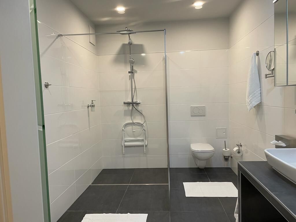 Ein modernes Badezimmer mit Duschkabine, Toilette und Waschbecken.