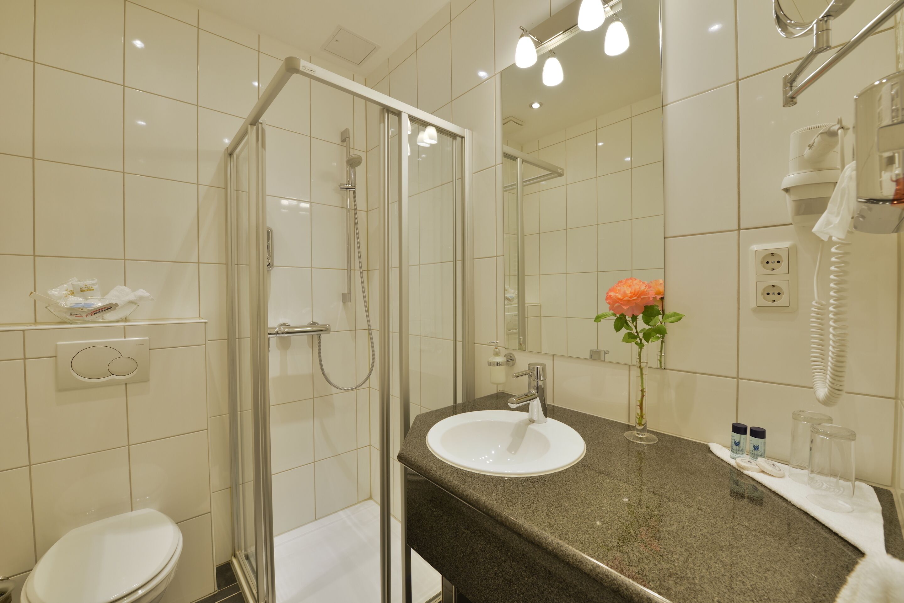 Un baño moderno con ducha envuelta en vidrio, un lavabo blanco y un espejo.