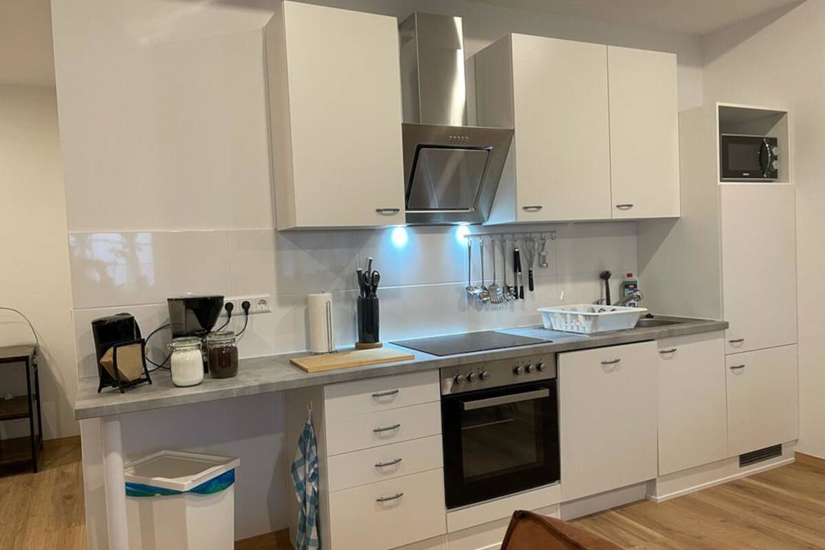 full-sized fridge, microwave, reusable coffee/tea filters