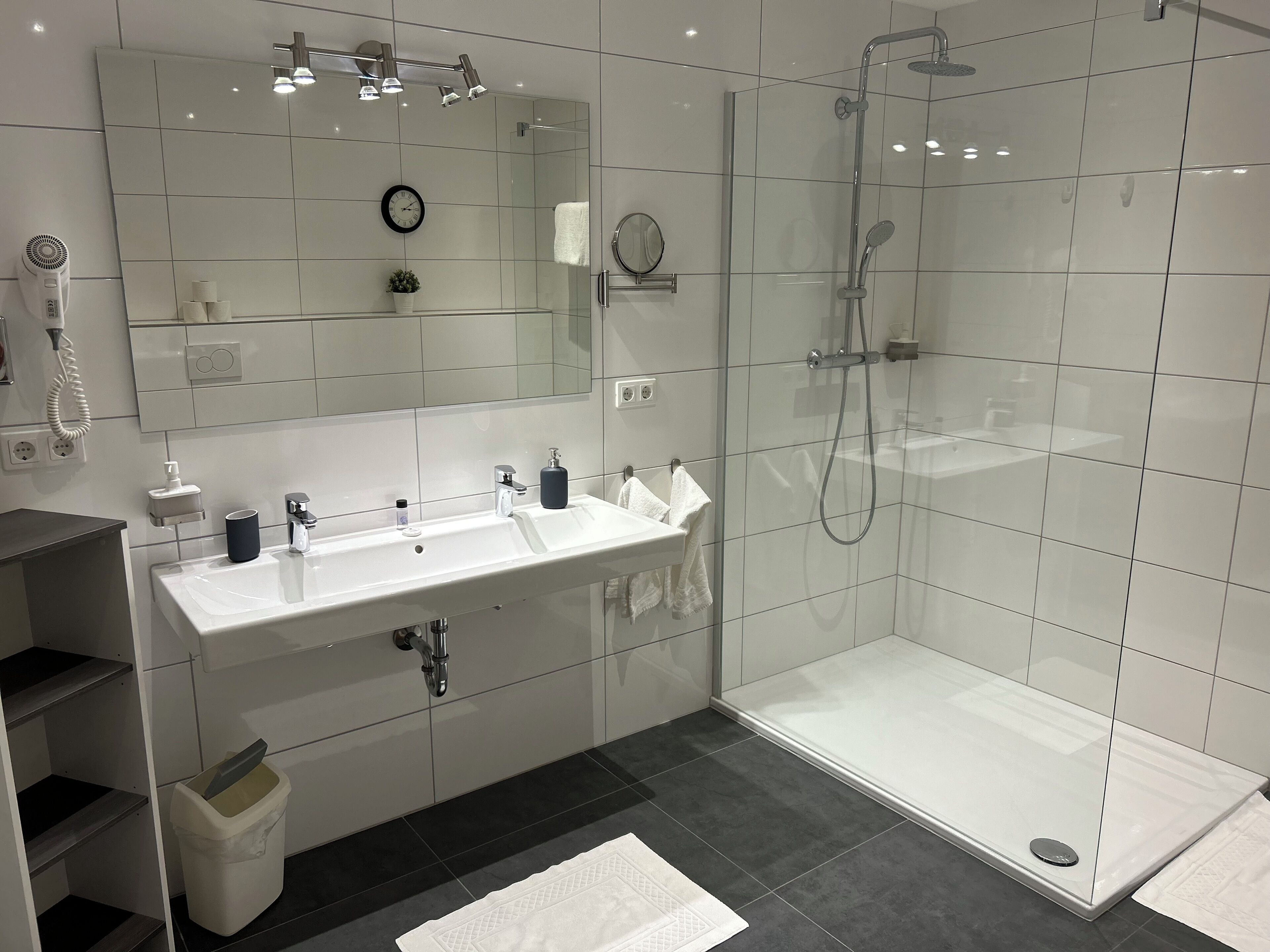 A modern bathroom with a glass-enclosed shower, a white sink, and a mirror.
