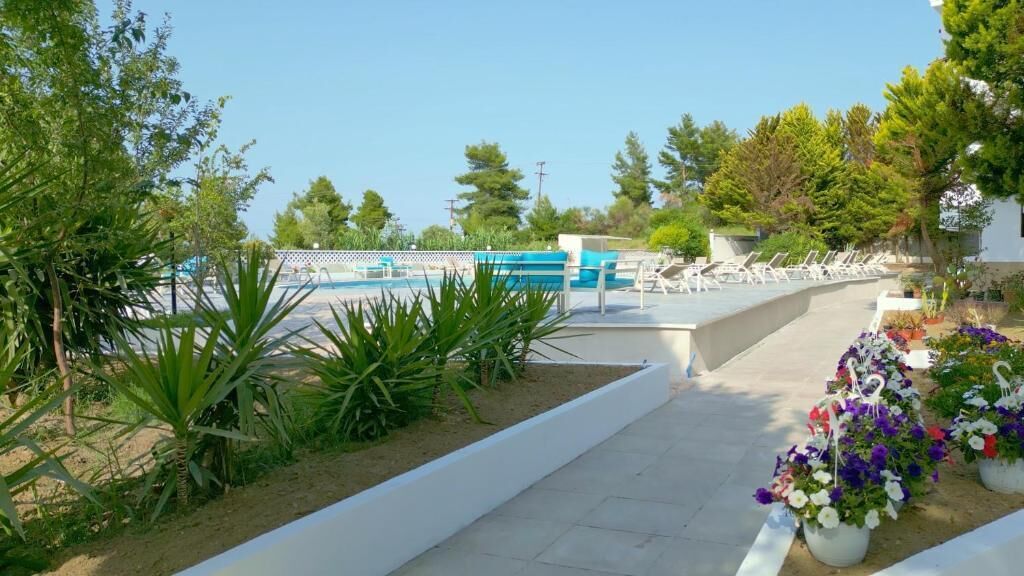 Un área de piscina con sillas de descanso, un sendero y plantas en macetas.