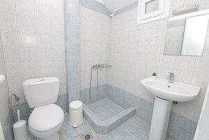 Un baño con inodoro, ducha y lavamanos.