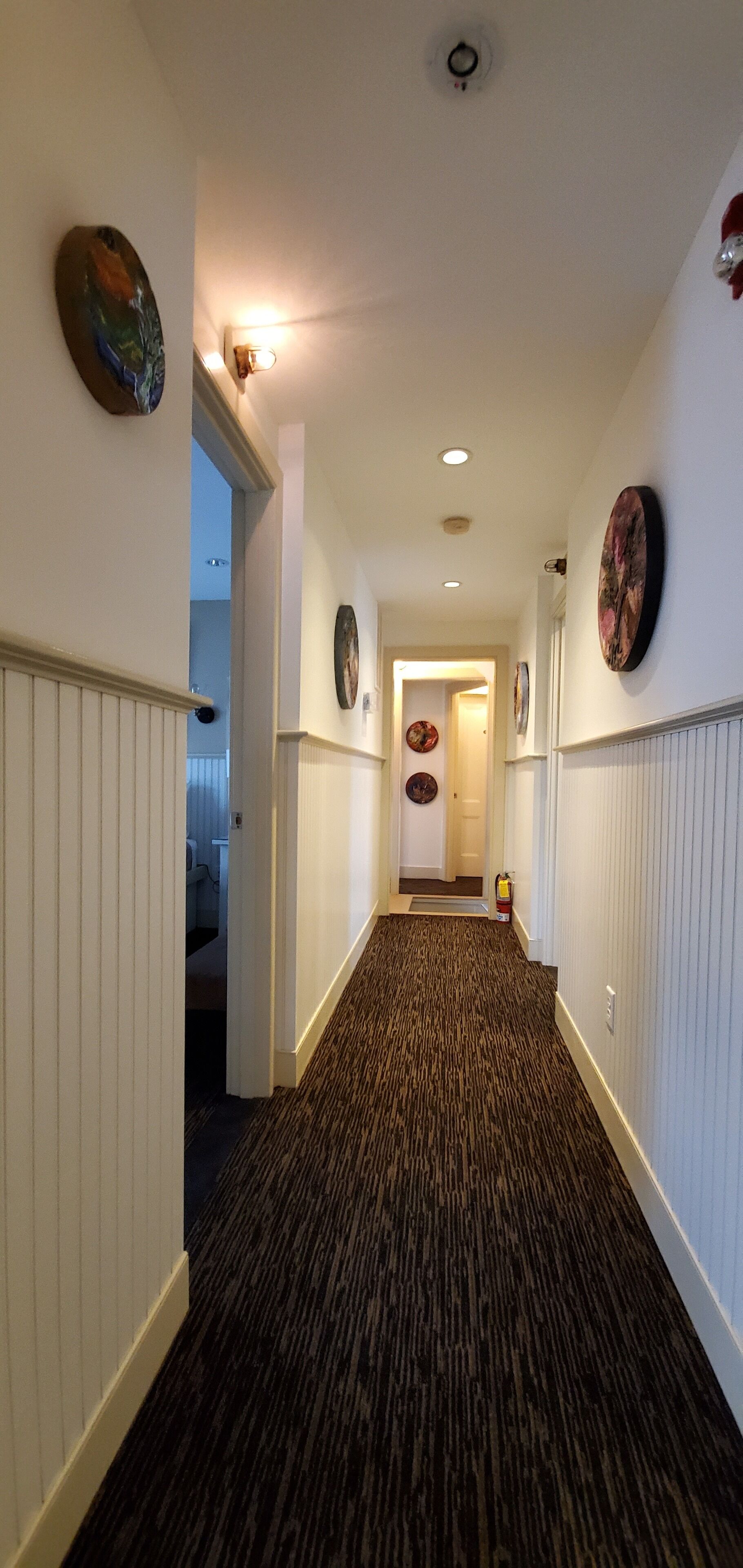 A carpeted hallway with a door at the end, flanked by white walls and decorative plates.