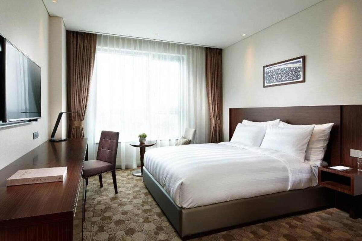 Quarto de hotel com uma cama grande, uma mesa, uma cadeira, uma TV e uma pequena mesa com uma planta.