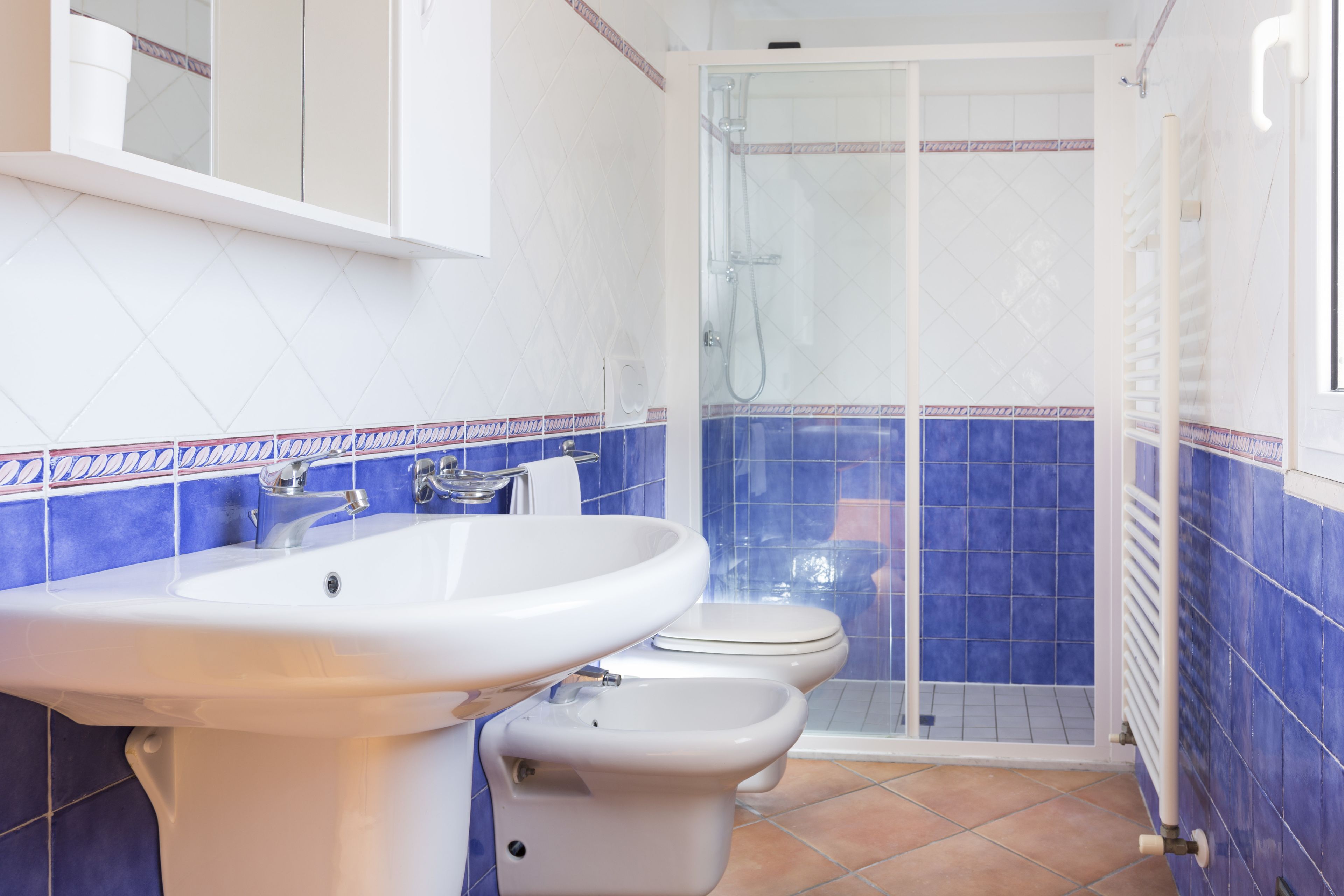 Une salle de bain avec un lavabo blanc, des toilettes et une douche à parois de verre.