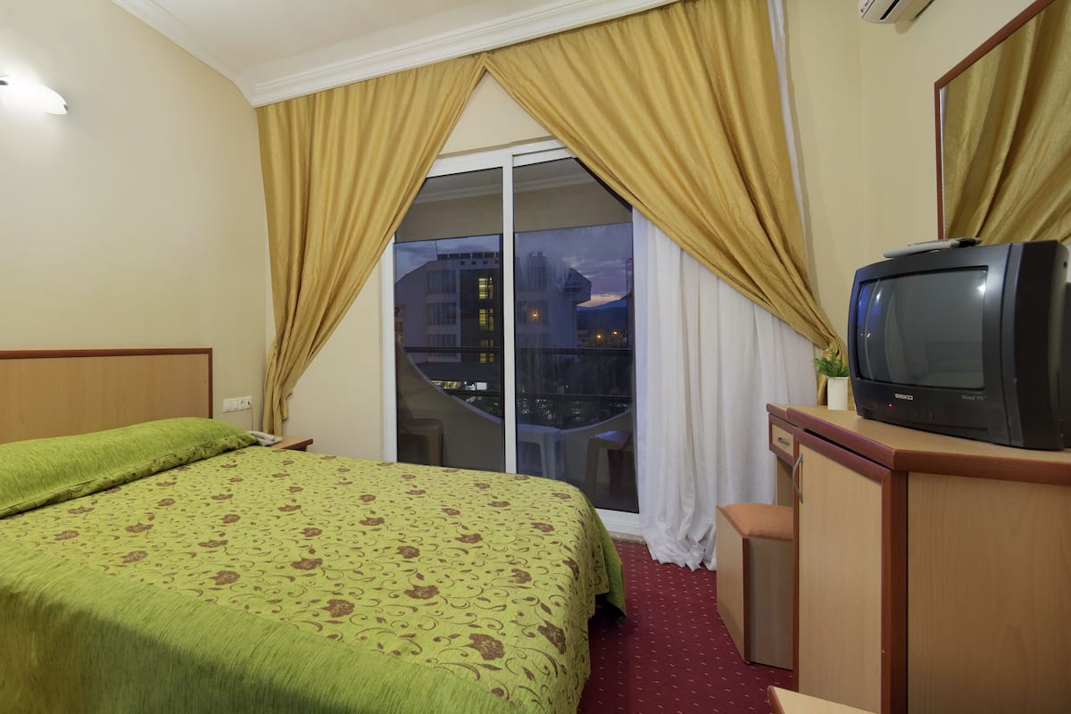 Habitación de hotel con cama, televisión, una pequeña mesa con un florero y vistas a la ciudad a través de una ventana.