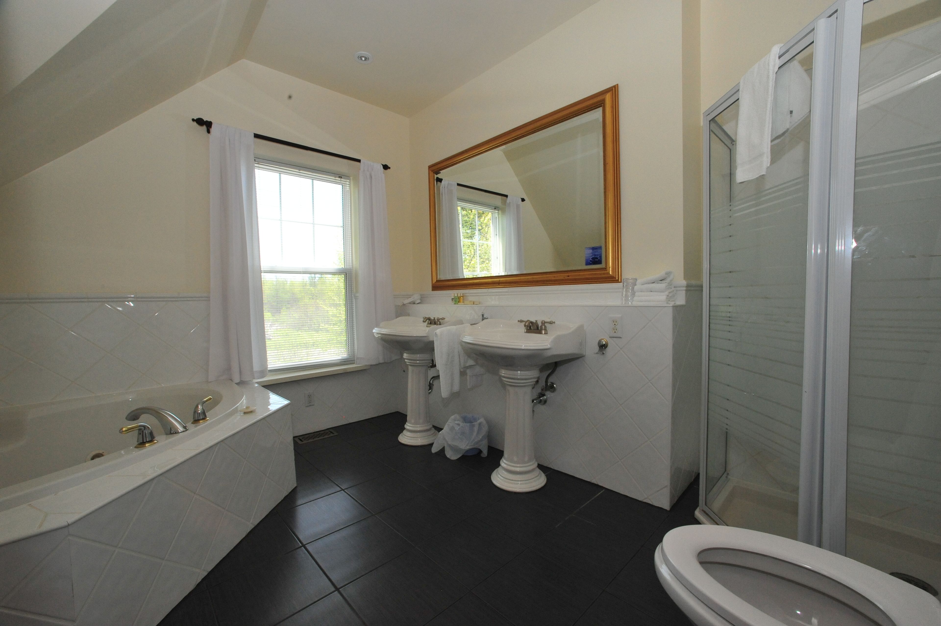 luxury suite, 1 king bed with sofa bed | bathroom | free toiletries, hair dryer, bathrobes, towels