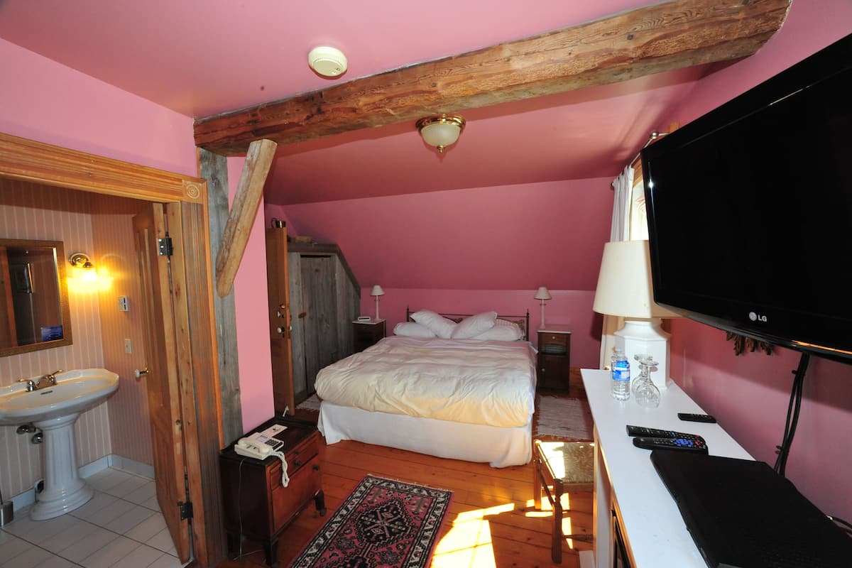 Un dormitorio con cama, televisor, mesita de noche, lámpara, espejo, lavabo y una viga de techo de madera.