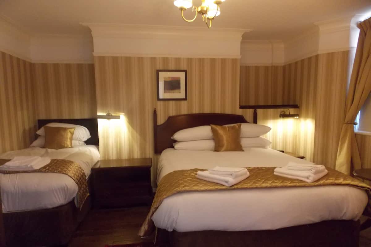 Habitación de hotel con dos camas, una araña y un cuadro enmarcado en la pared.