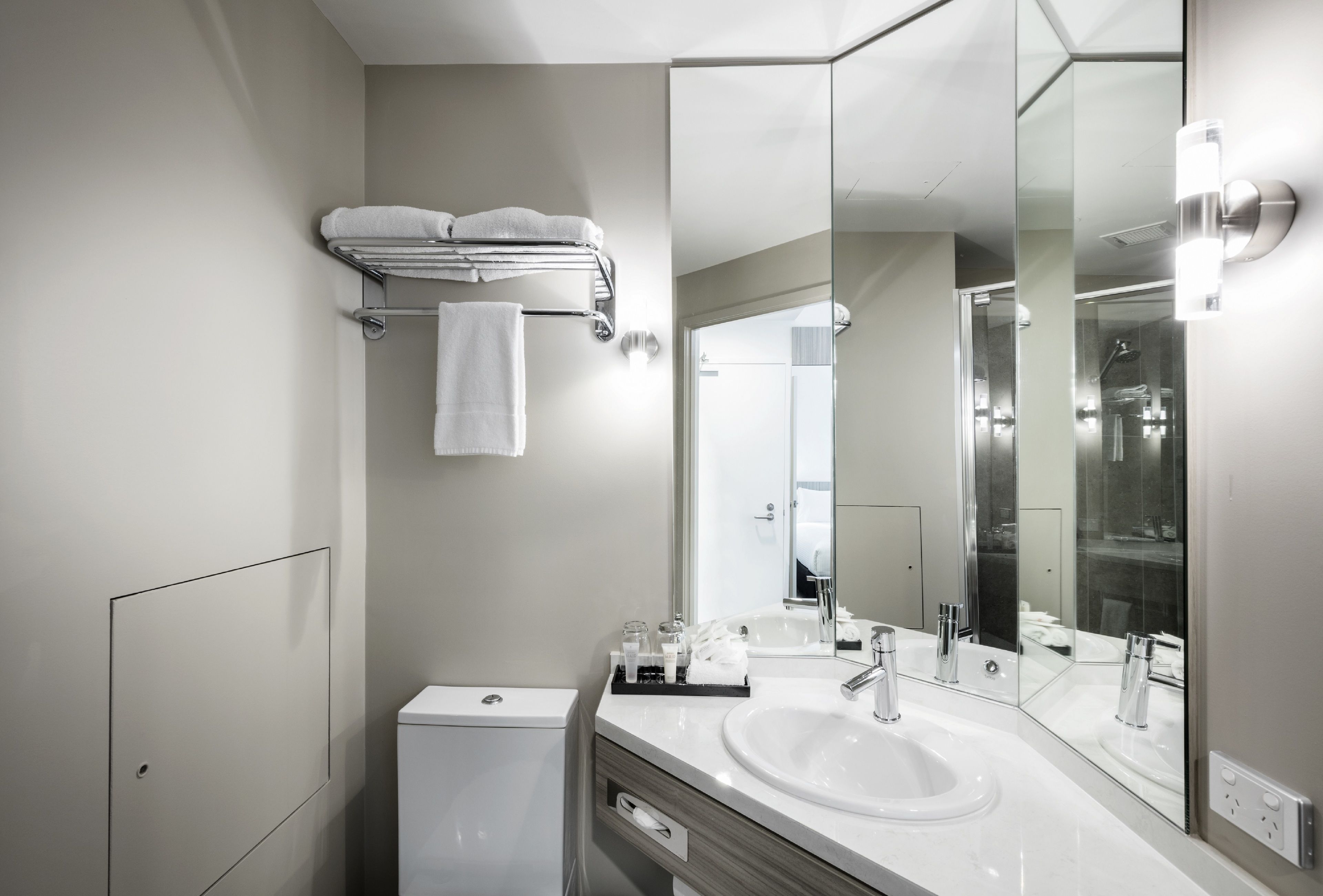 shower, eco-friendly toiletries, hair dryer, towels