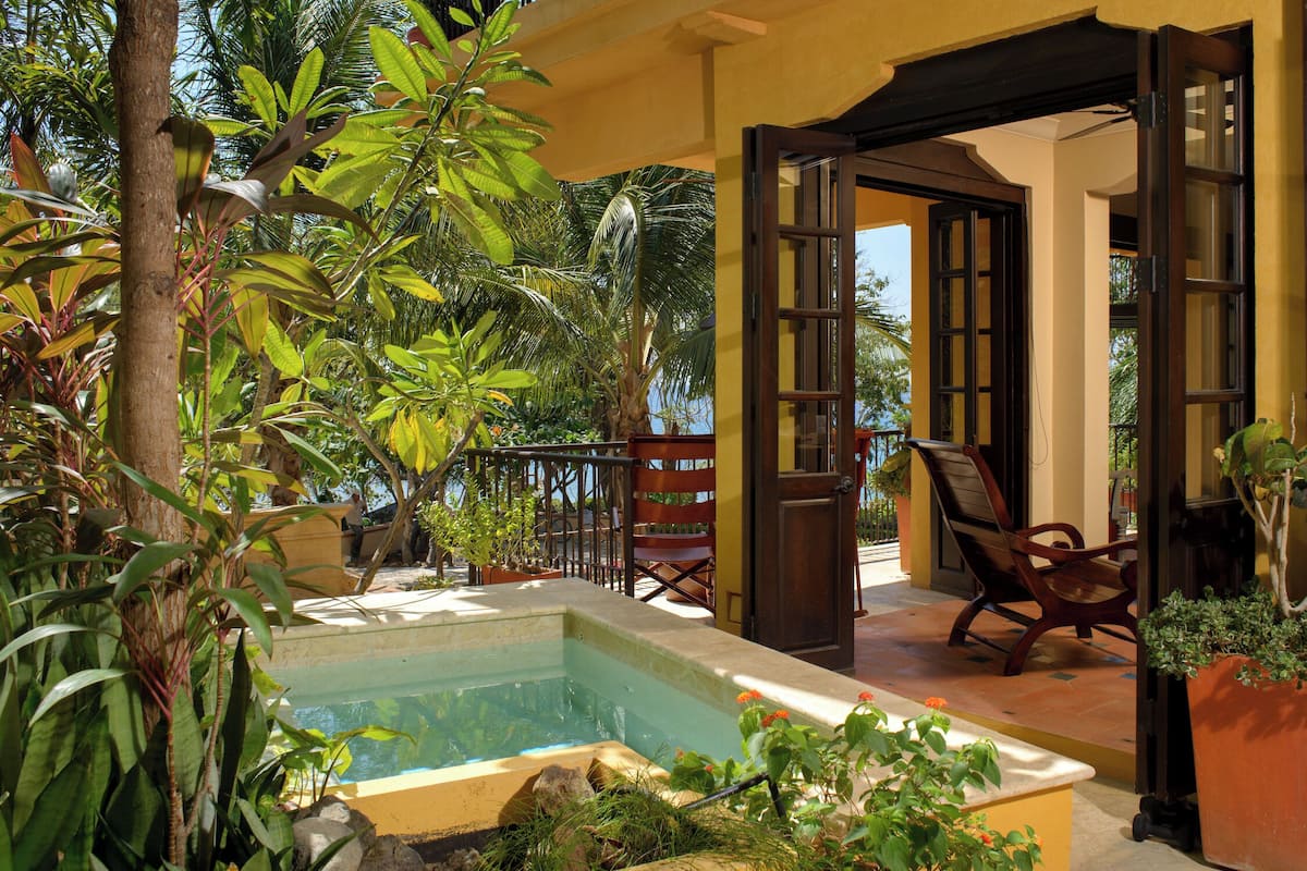 Zona de piscina con cubierta de madera, una silla y plantas en macetas.