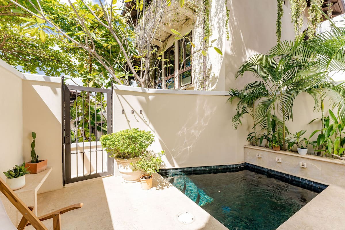 Una pequeña piscina interior con borde de azulejos, rodeada de plantas en macetas y una silla de madera.