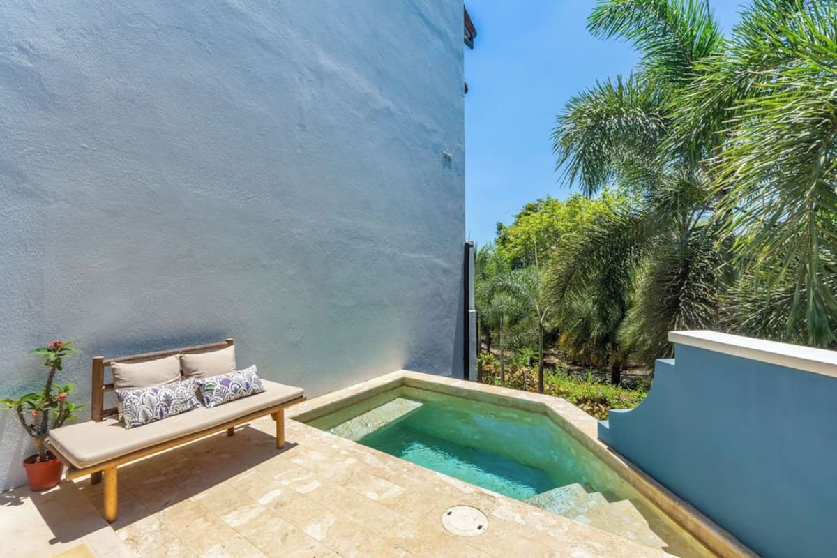 Un espacio pequeño de piscina al aire libre con un banco y una planta en maceta.