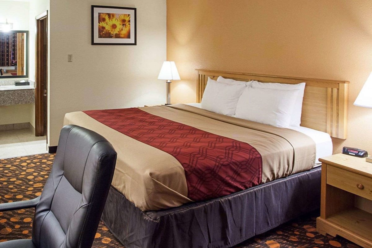 Habitación de hotel con cama, una silla, mesita de noche, lámpara y un cuadro en la pared.