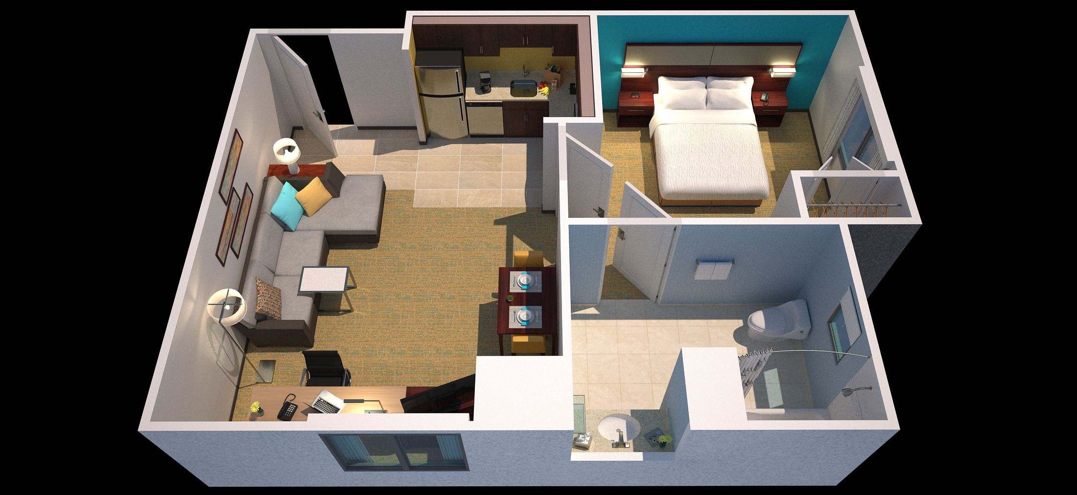 A 3D floor plan of a hotel room with a living area, kitchenette, and a separate bedroom.