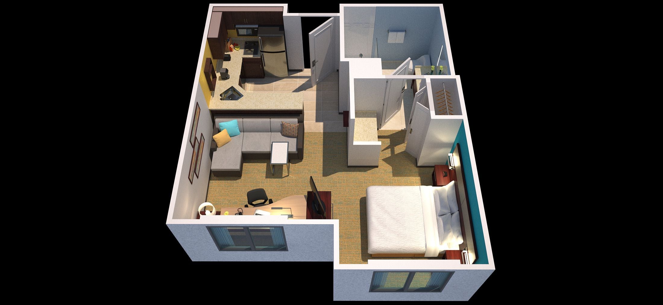 Plano tridimensional de una habitación de hotel con kitchenette, zona de estar con sofá y una mesita, cama y baño.