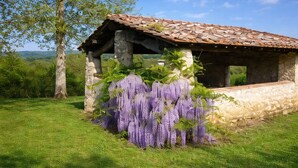 A stone structure with a tiled roof, surrounded by lush greenery and purple wisteria vines.