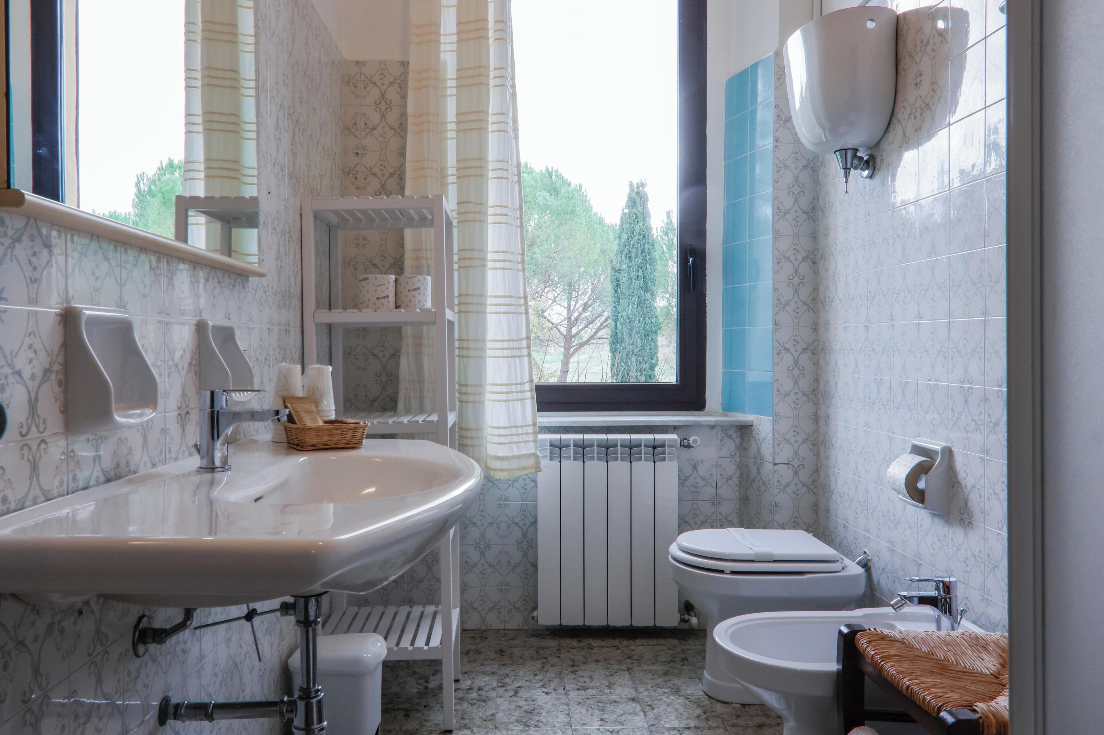 A bathroom with a sink, toilet, bidet, and a window with a view of trees.