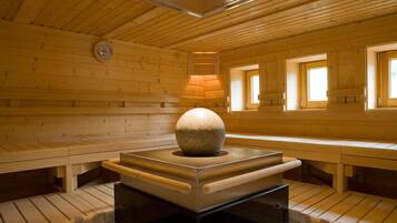 A sauna room with wooden walls, benches, and a central stone feature.