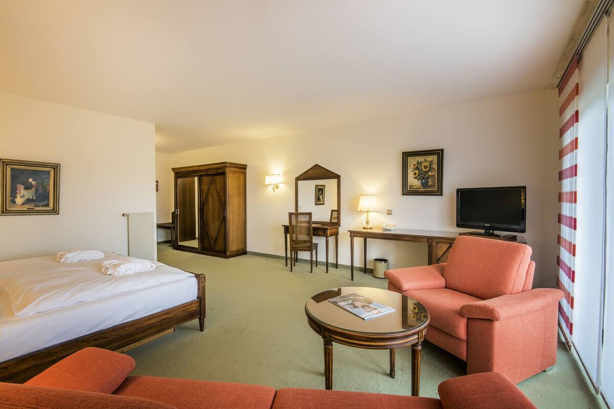 A hotel room with a bed, a desk, a television, and a sofa.