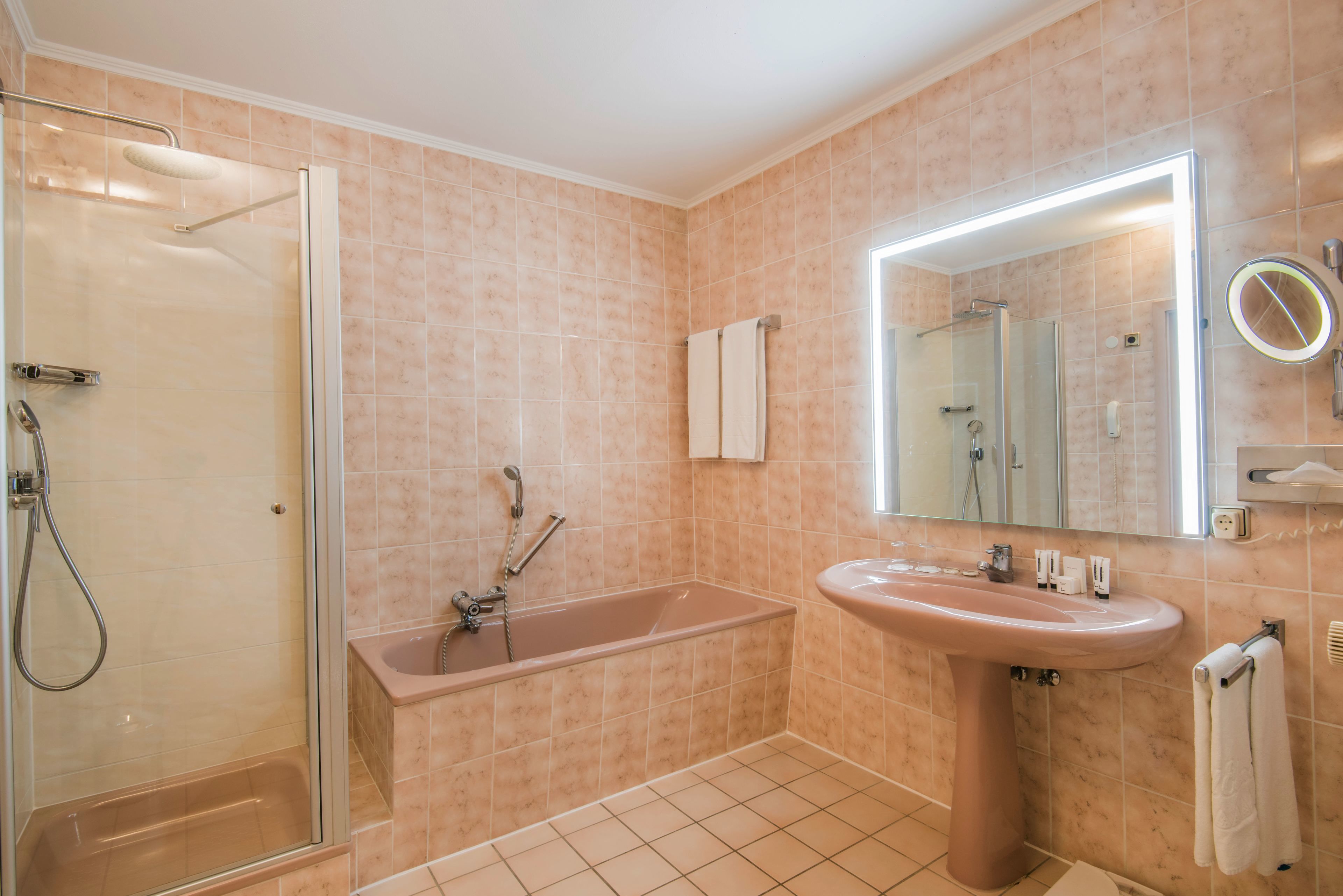 shower, hair dryer, bathrobes, slippers