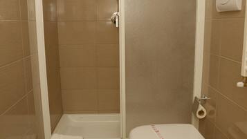 A bathroom with a shower enclosure, toilet, and sink.