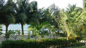 A coastal garden with palm trees, a sandy beach, and a view of the sea. - Krisada Beach Resort (Koh Samui)