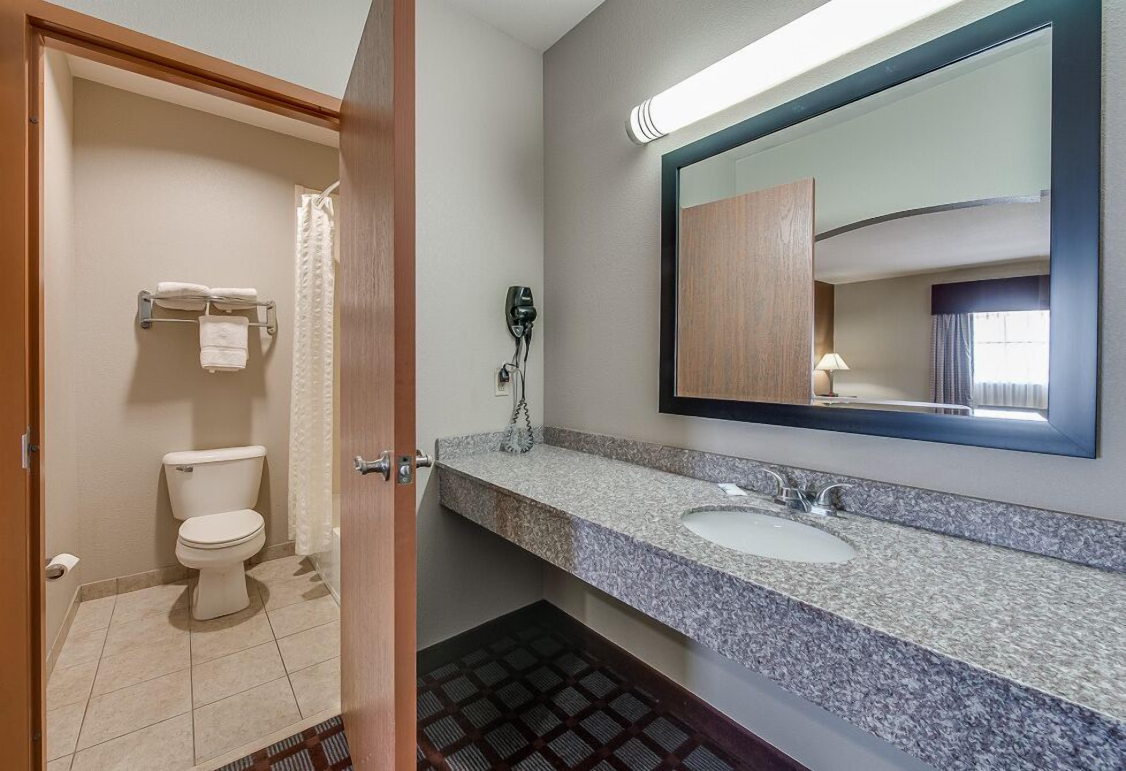 Une salle de bain équipée de toilettes, d’un lavabo, d’un miroir et d’un sèche-cheveux.