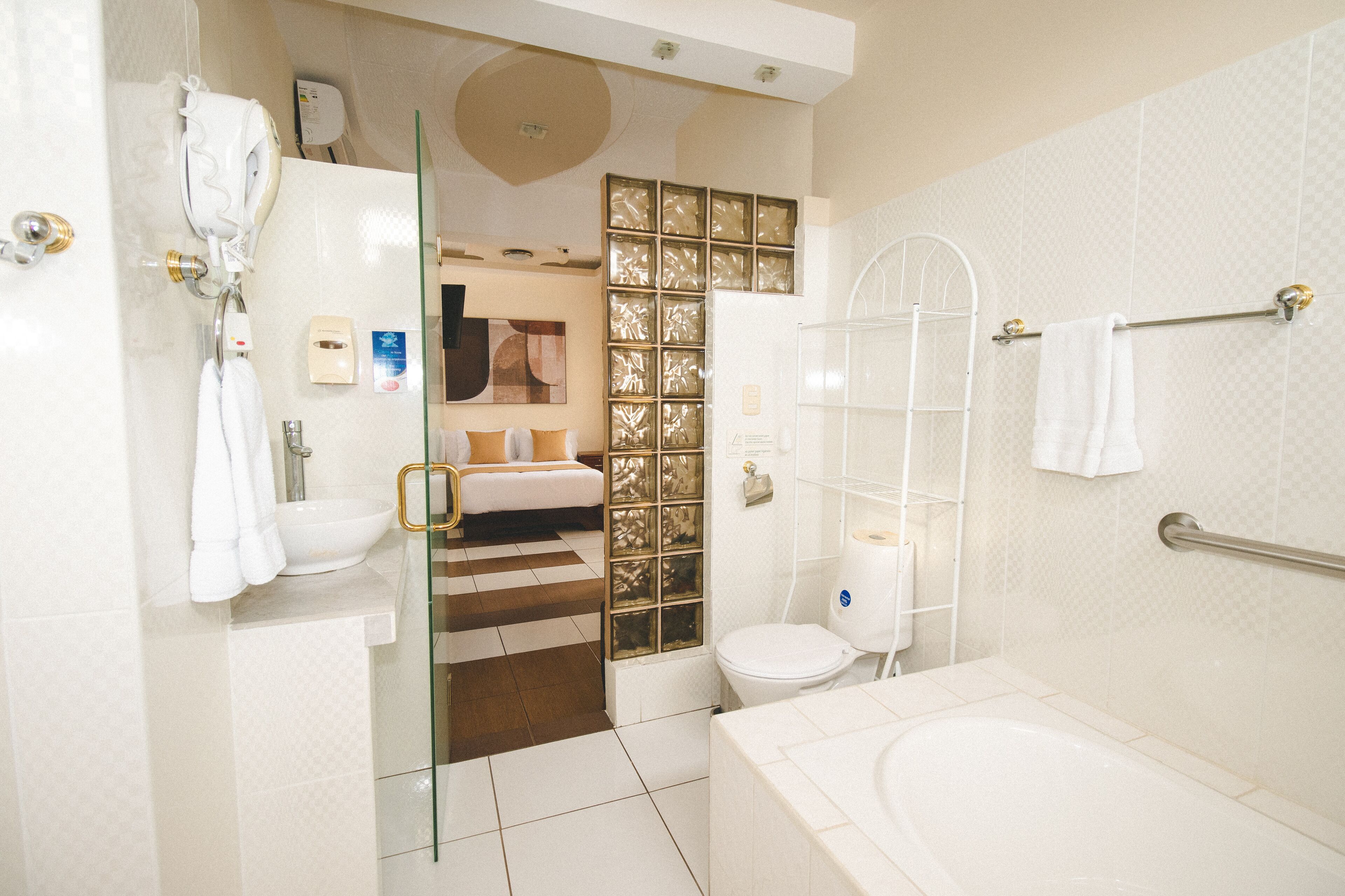 superior room | bathroom | hair dryer, towels, soap, shampoo