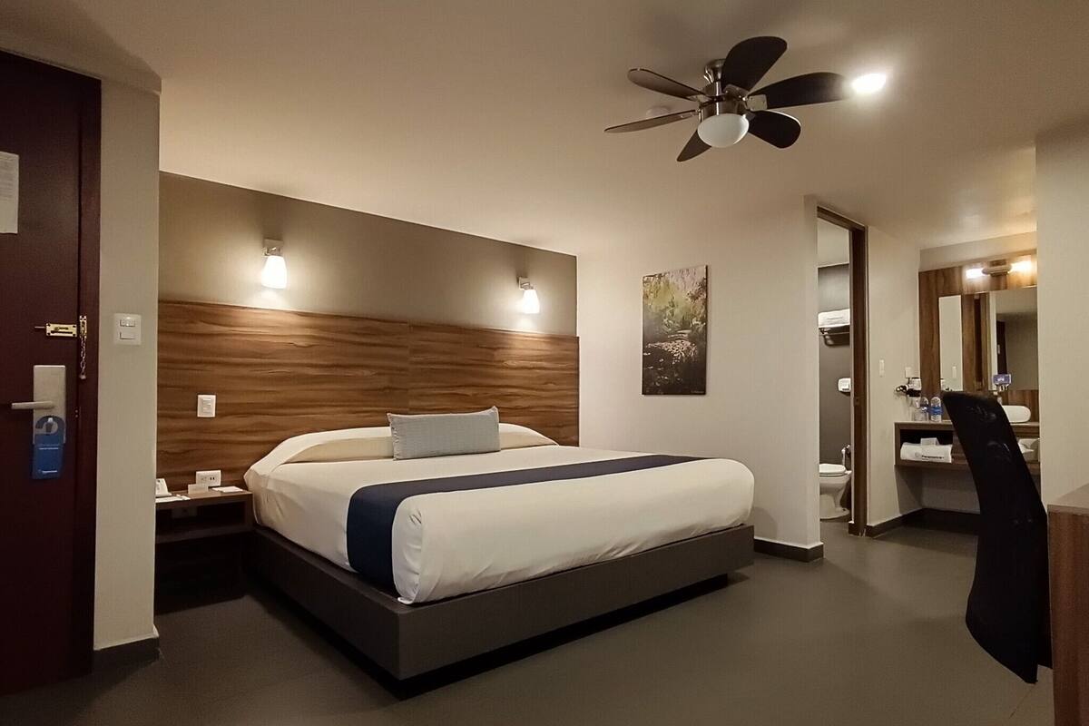 A hotel room with a bed, a nightstand, a desk, a chair, a ceiling fan, and a bathroom with a mirror and sink.