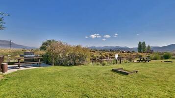 Un espacio al aire libre con césped, mesas de picnic y una parrilla.