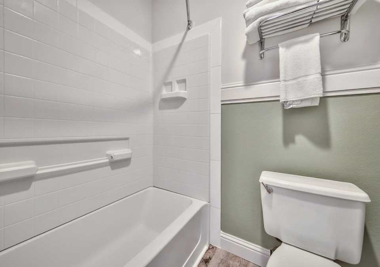 Un baño con una bañera blanca, zona de ducha y un inodoro.