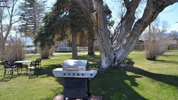 Una griglia da barbecue in un'area esterna erbosa, con un tavolo e sedie, circondata da alberi.