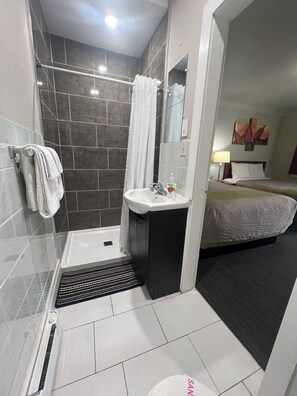A bathroom with a shower, sink, and a bed in the adjacent room.