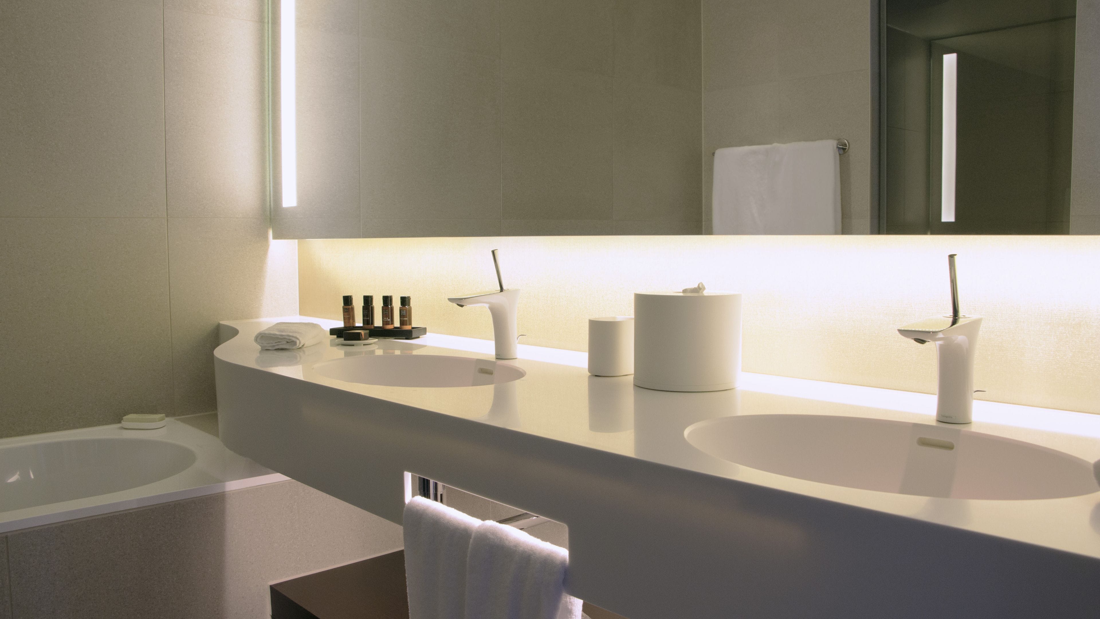 A modern bathroom with two sinks, a large mirror, and a towel rack.
