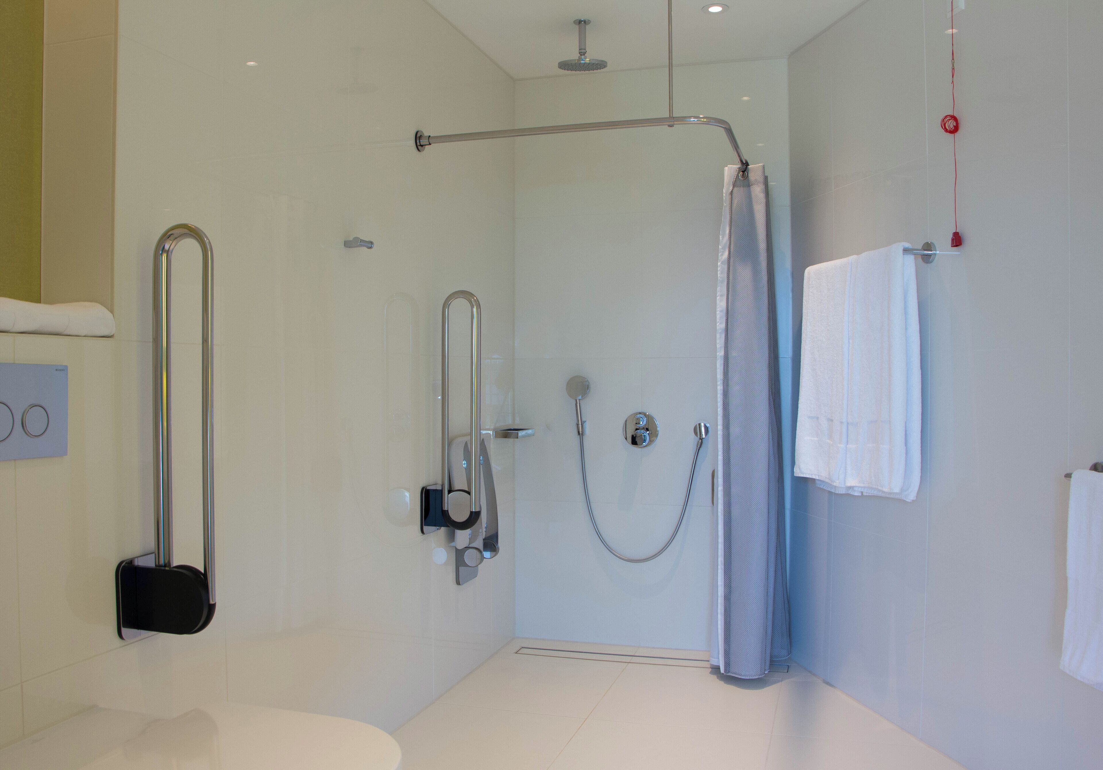 Ein modernes Badezimmer mit einer Duschkabine, einer Handstange, einem Handtuchhalter und einer Toilette.