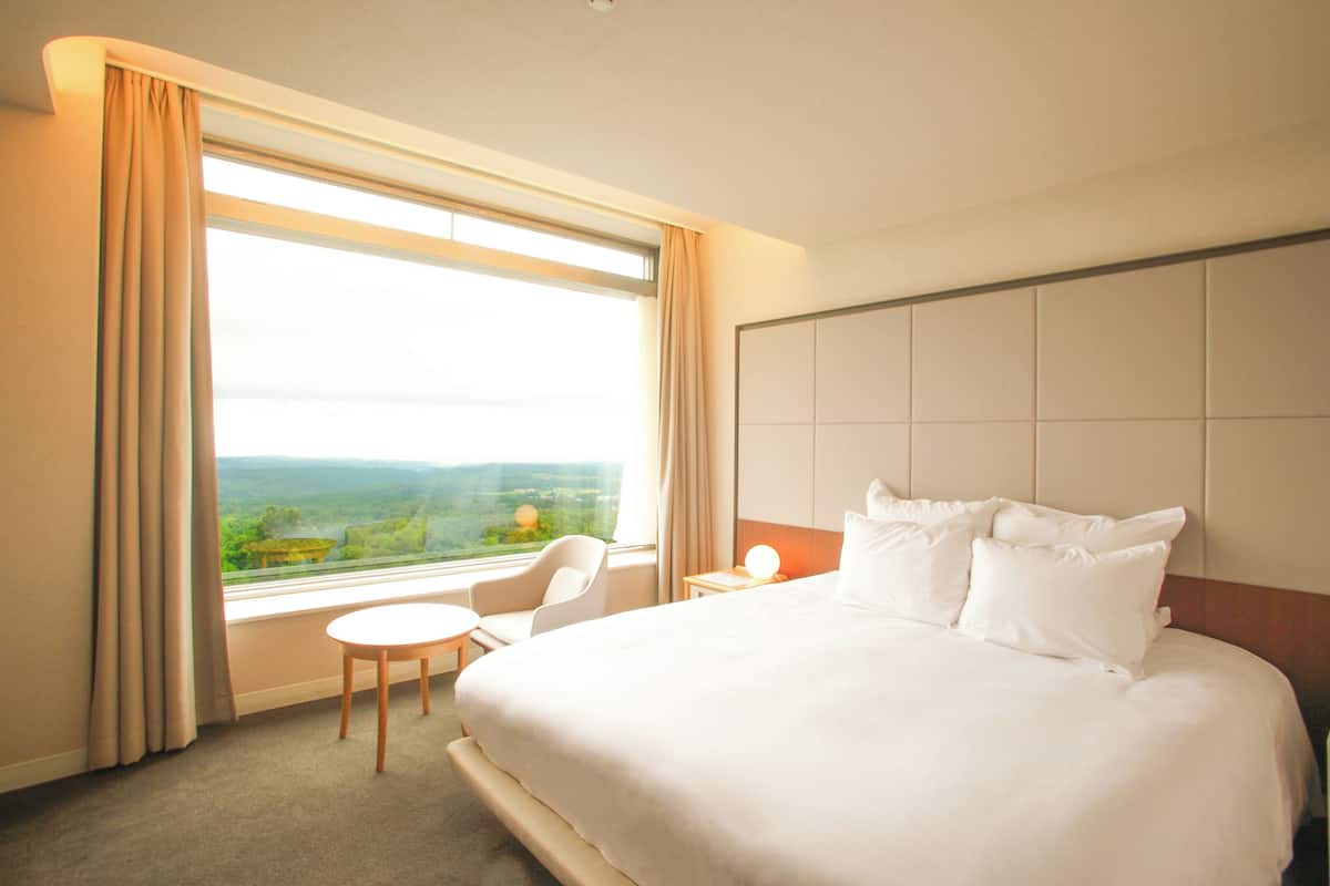 A hotel room with a large bed, a desk, a chair, and a window with a view of the landscape.