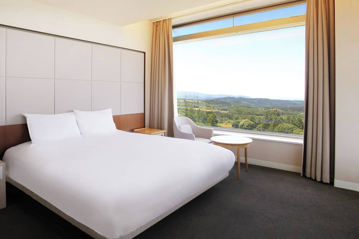 A hotel room with a large bed, a small table, a chair, and a window with a scenic view.